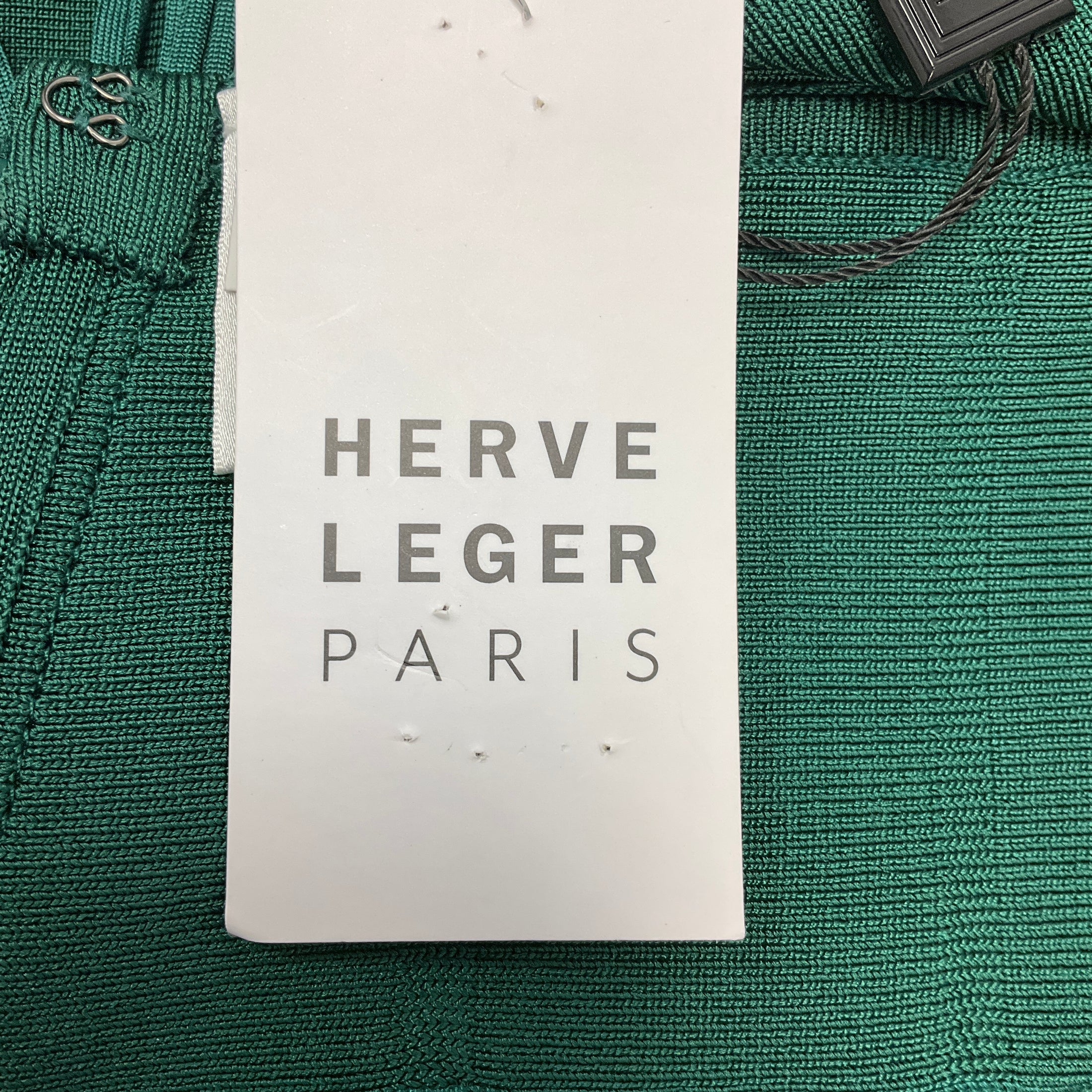 Herve Leger Viridian Sleeveless Deep V-Neck Fringe Gown