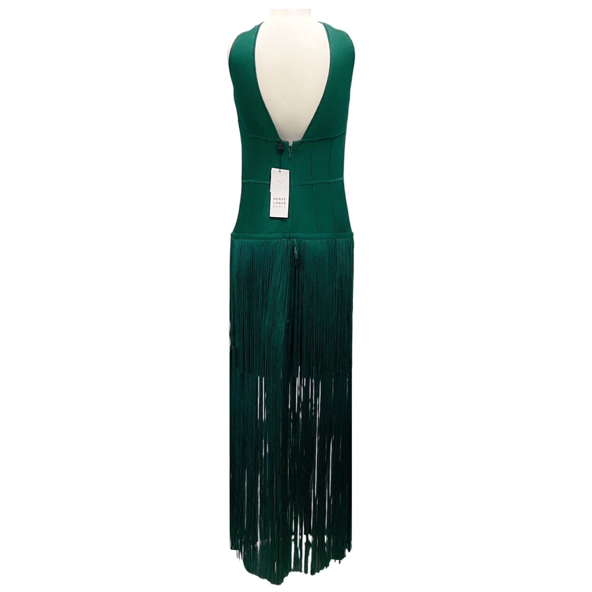 Herve Leger Viridian Sleeveless Deep V-Neck Fringe Gown