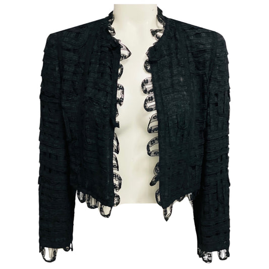 Chanel Black Vintage Cruise 2000 Collection Collarless Floral Lace Ribbon Tweed Cropped Jacket