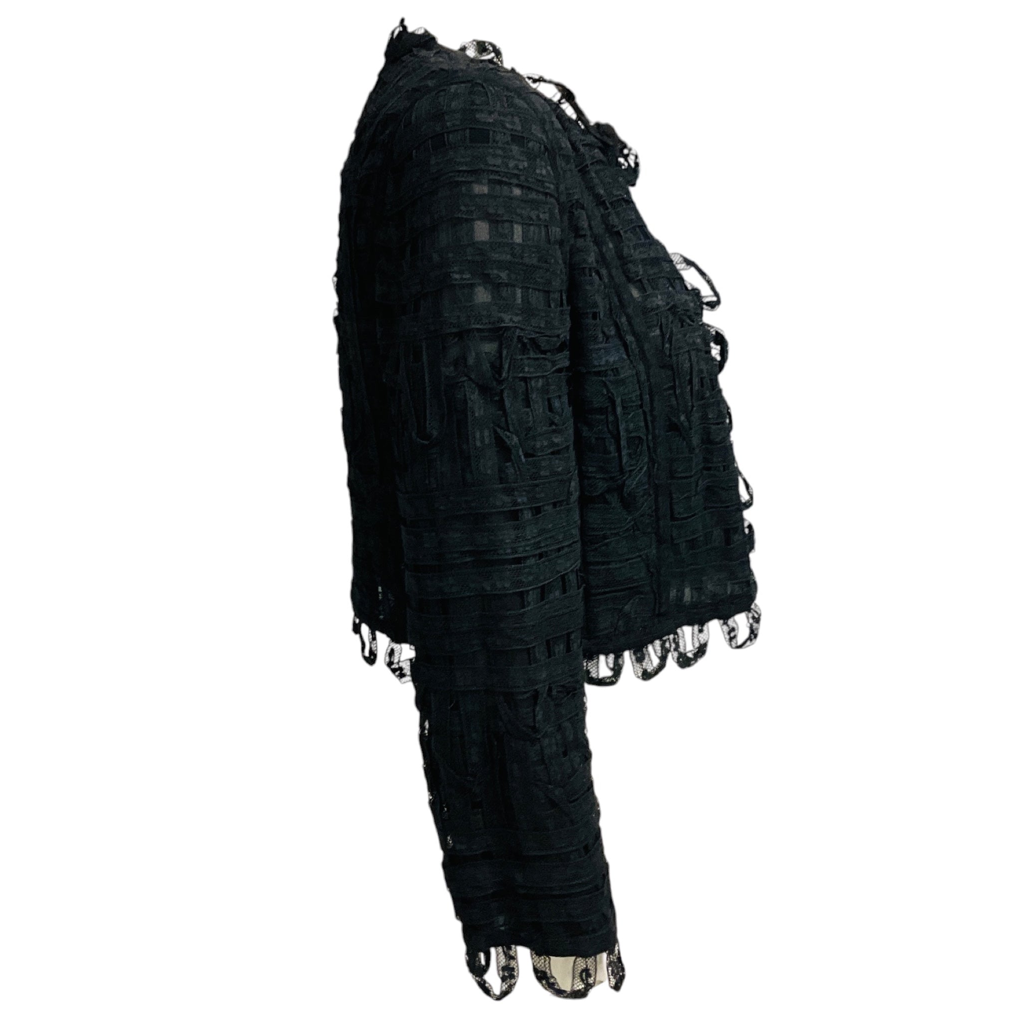 Chanel Black Vintage Cruise 2000 Collection Collarless Floral Lace Ribbon Tweed Cropped Jacket