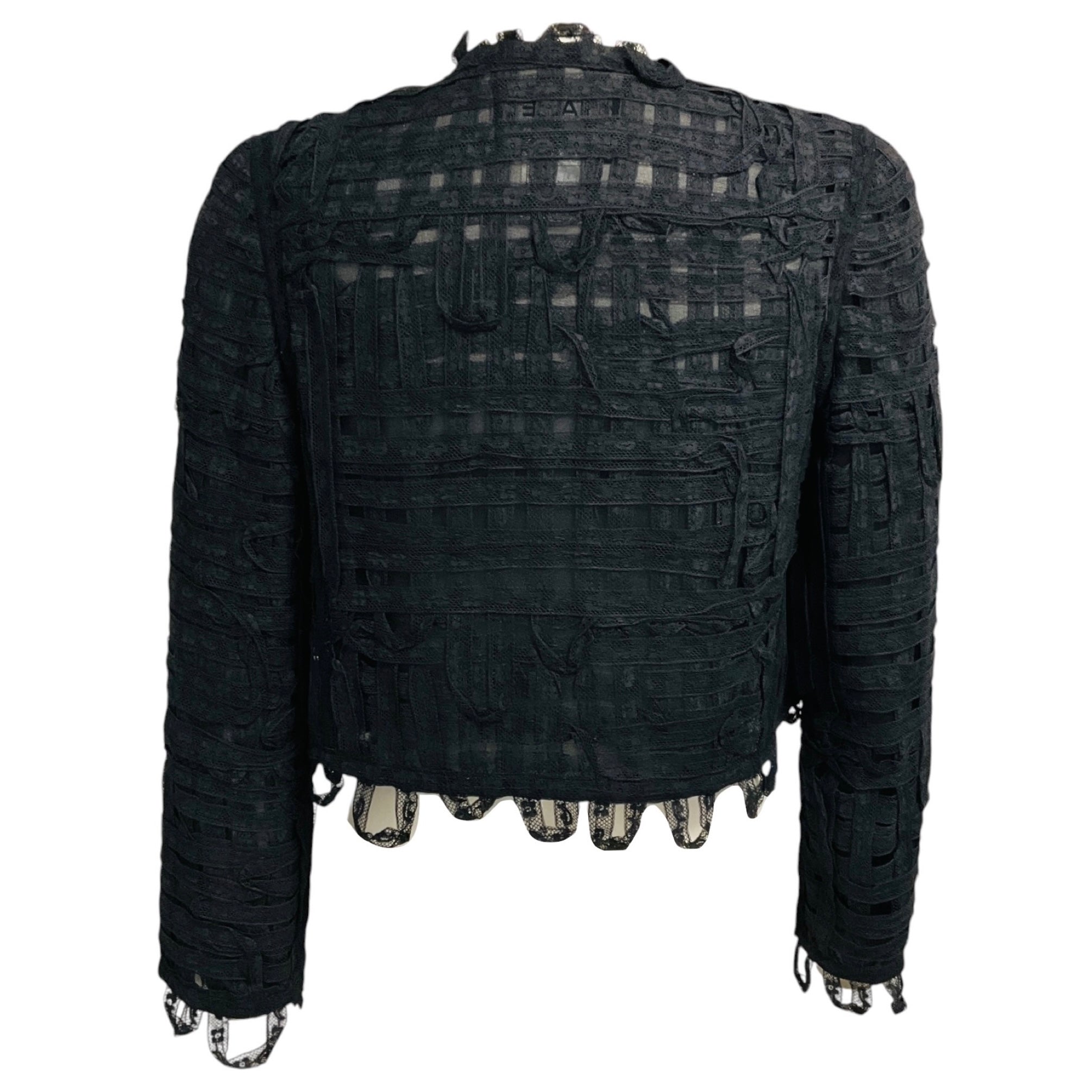 Chanel Black Vintage Cruise 2000 Collection Collarless Floral Lace Ribbon Tweed Cropped Jacket