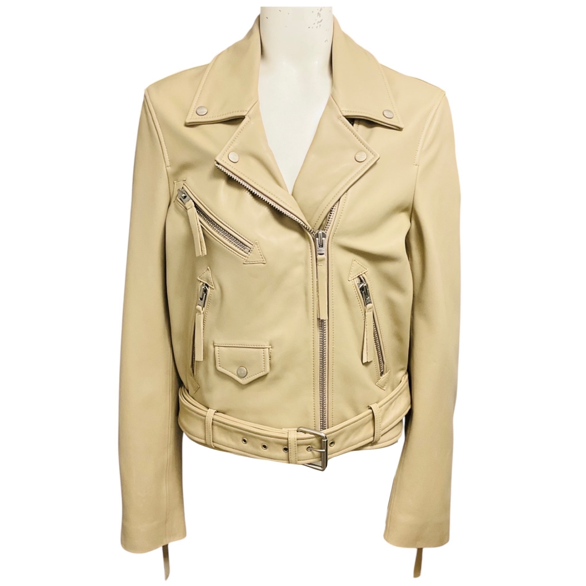 Closed Beige Moto Zip Lamb Leather Jacket
