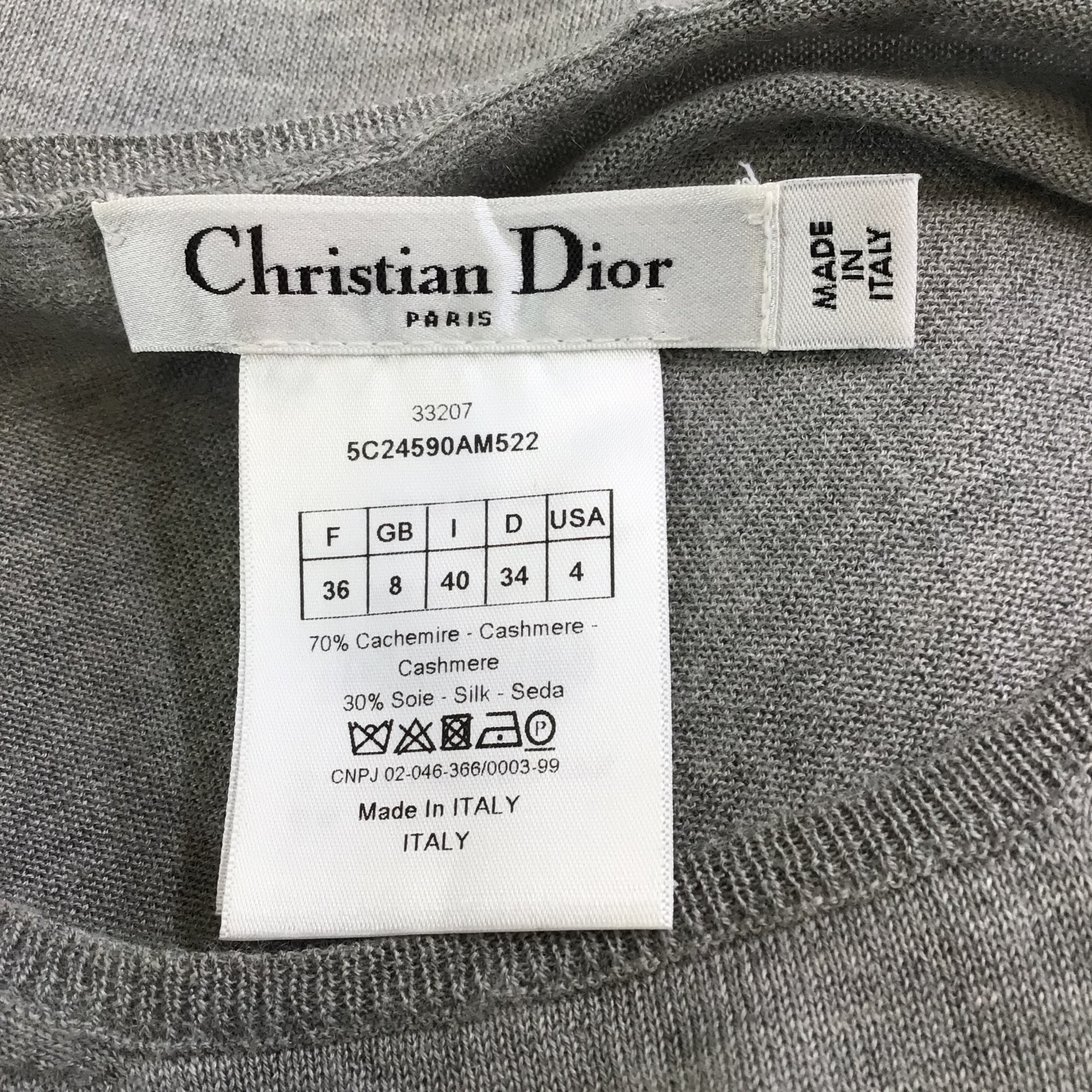 Christian Dior Light Grey Short Sleeved Cashmere and Silk Knit Sweater