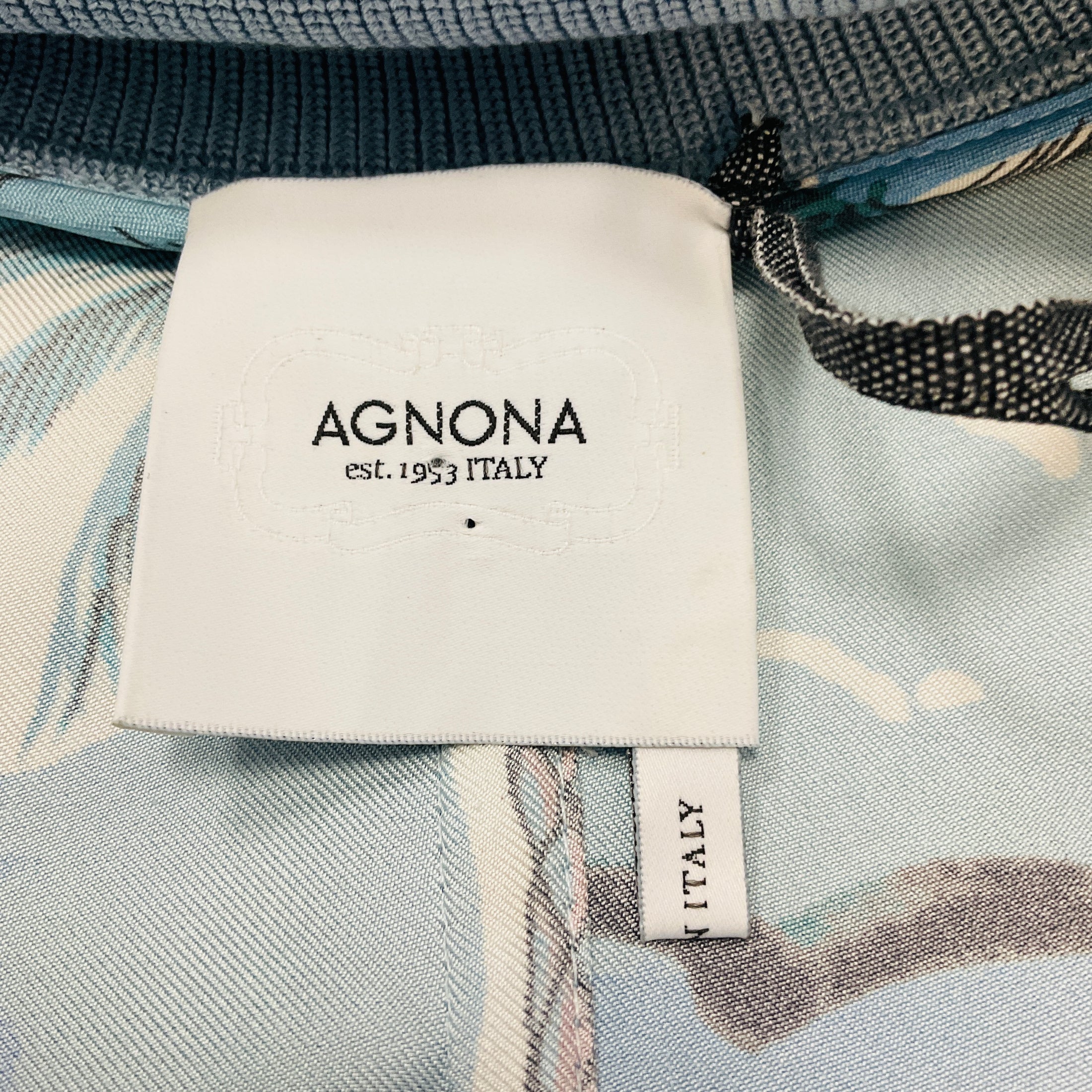 Agnona Light Blue Tropical Print Silk Bomber Jacket