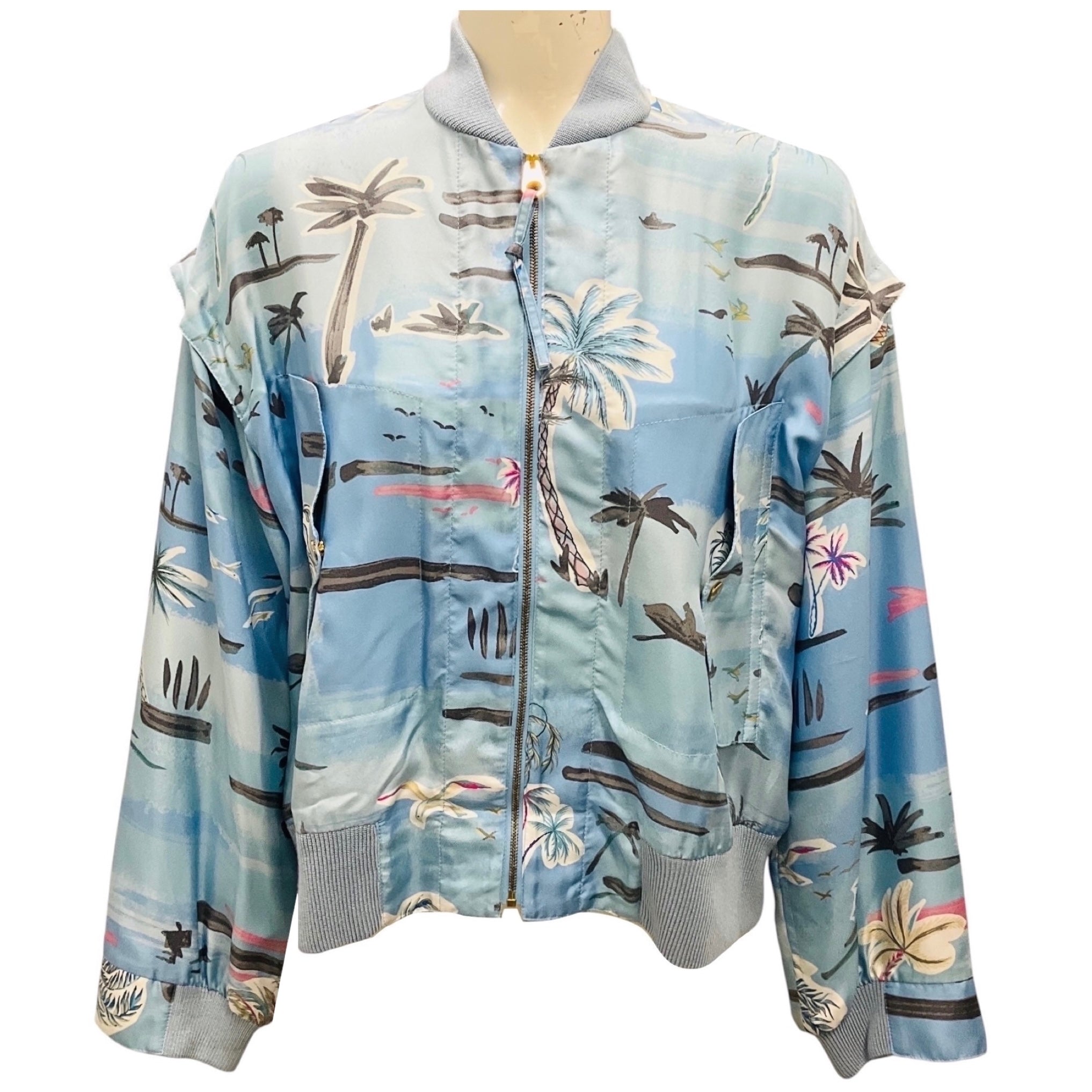 Agnona Light Blue Tropical Print Silk Bomber Jacket