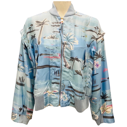 Agnona Light Blue Tropical Print Silk Bomber Jacket