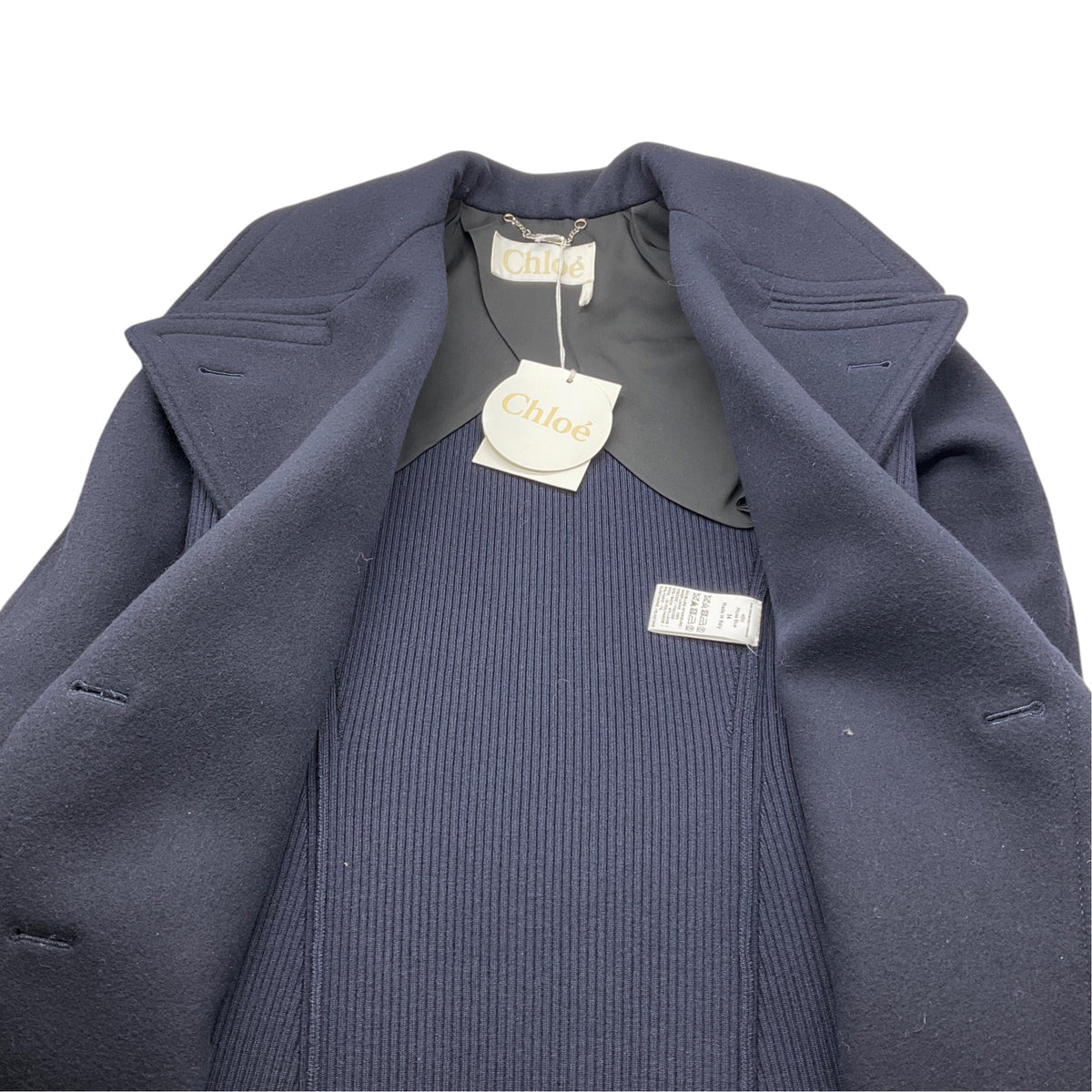 Chloe Abyss Blue Double Breasted Wool and Cashmere Coat with Wool Knit Sleeves