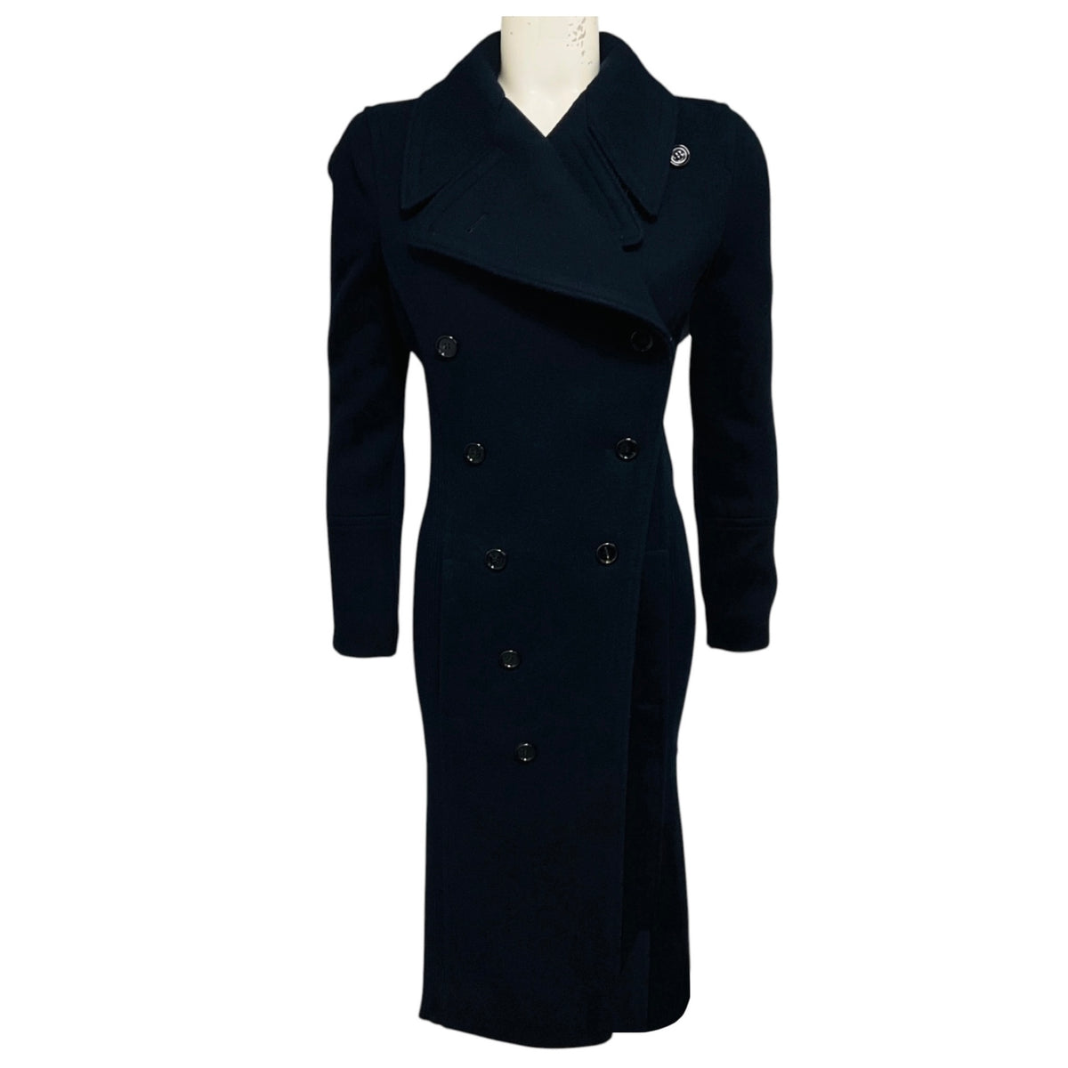 Chloe Abyss Blue Double Breasted Wool and Cashmere Coat with Wool Knit Sleeves