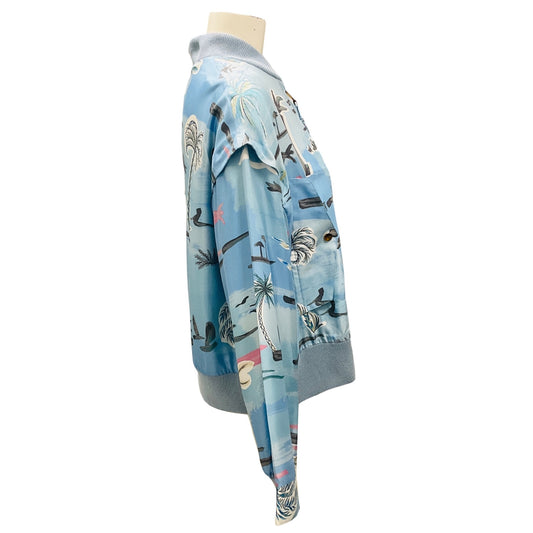 Agnona Light Blue Tropical Print Silk Bomber Jacket