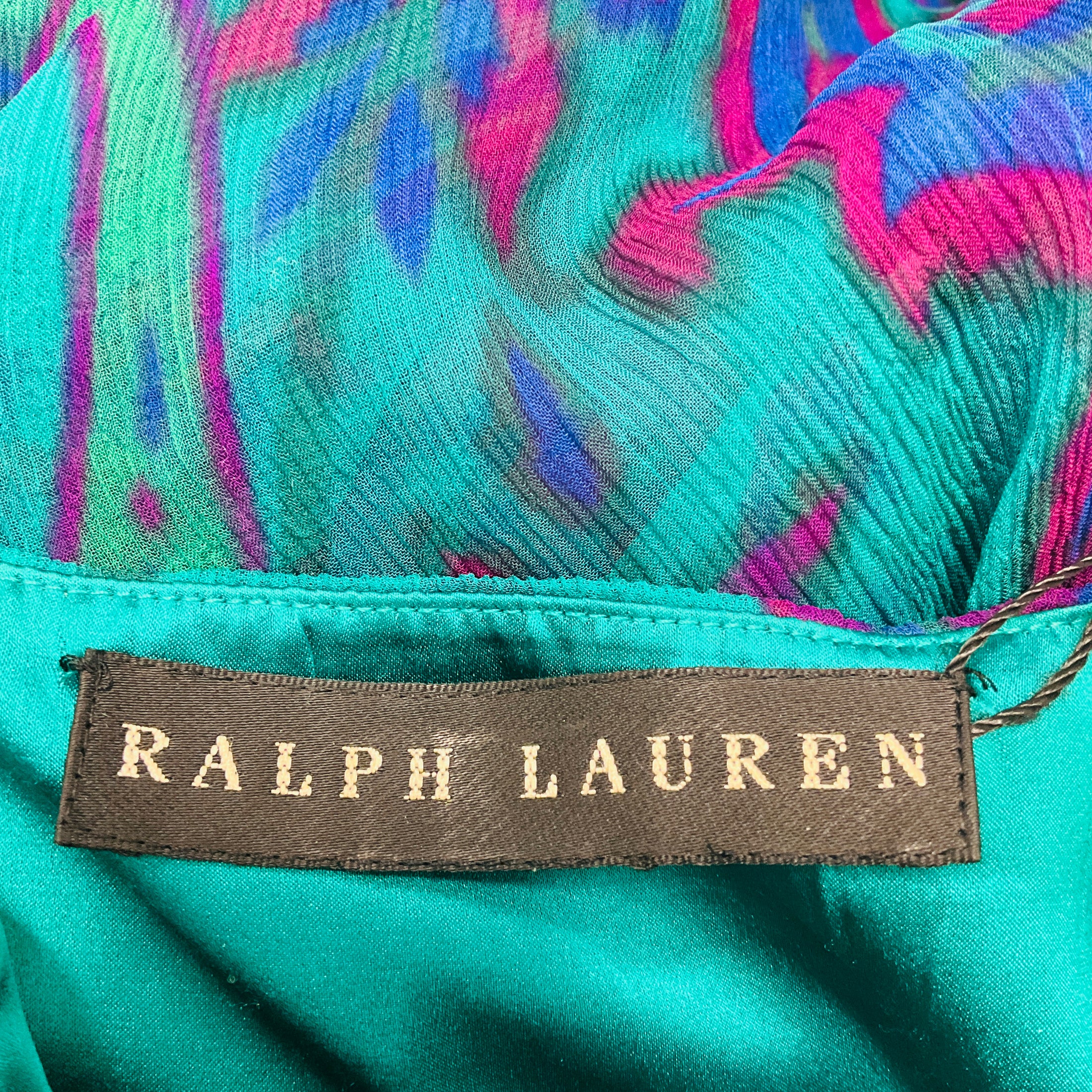 Ralph Lauren Black Label Teal / Blue / Purple Multi Printed Silk Halter Dress