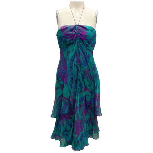 Ralph Lauren Black Label Teal / Blue / Purple Multi Printed Silk Halter Dress