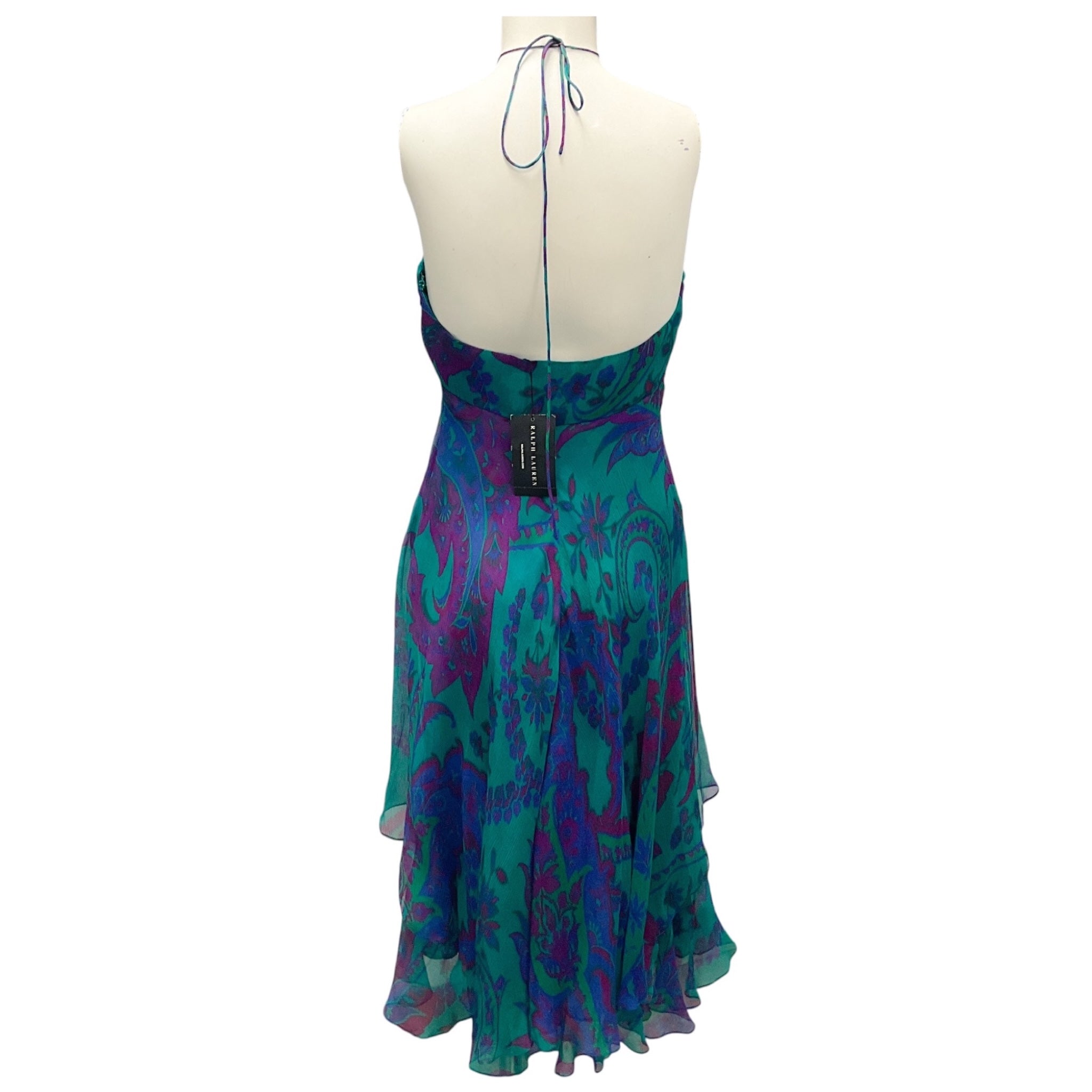 Ralph Lauren Black Label Teal / Blue / Purple Multi Printed Silk Halter Dress