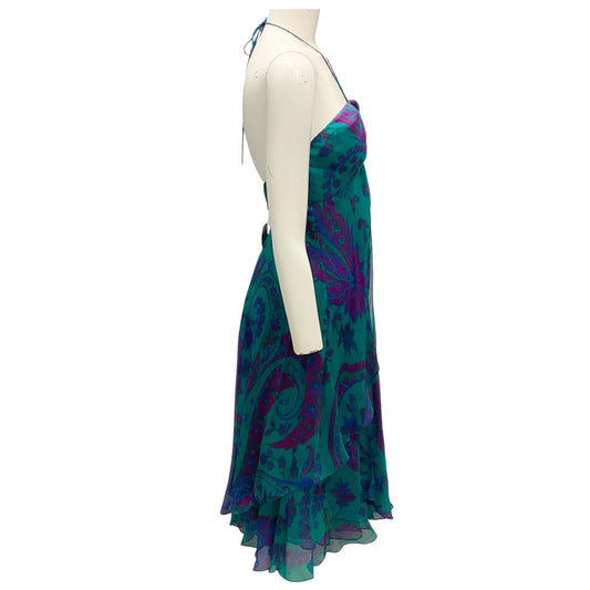 Ralph Lauren Black Label Teal / Blue / Purple Multi Printed Silk Halter Dress
