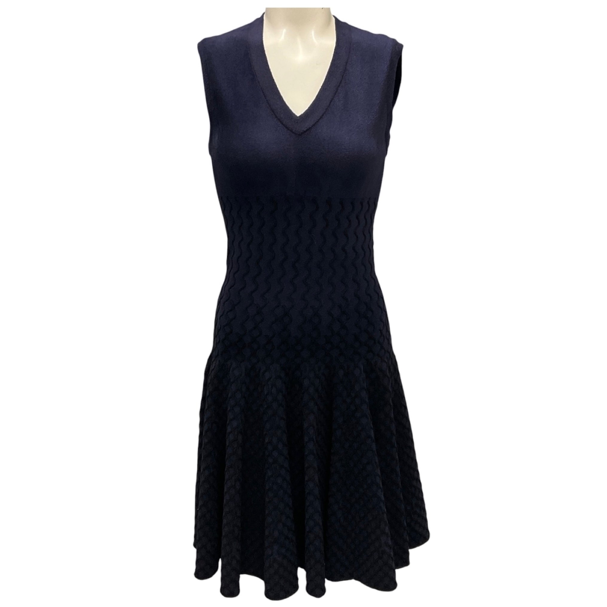 Alaia Navy / Black Lattice Detail Sleeveless V-Neck Flared Chenille Knit Dress