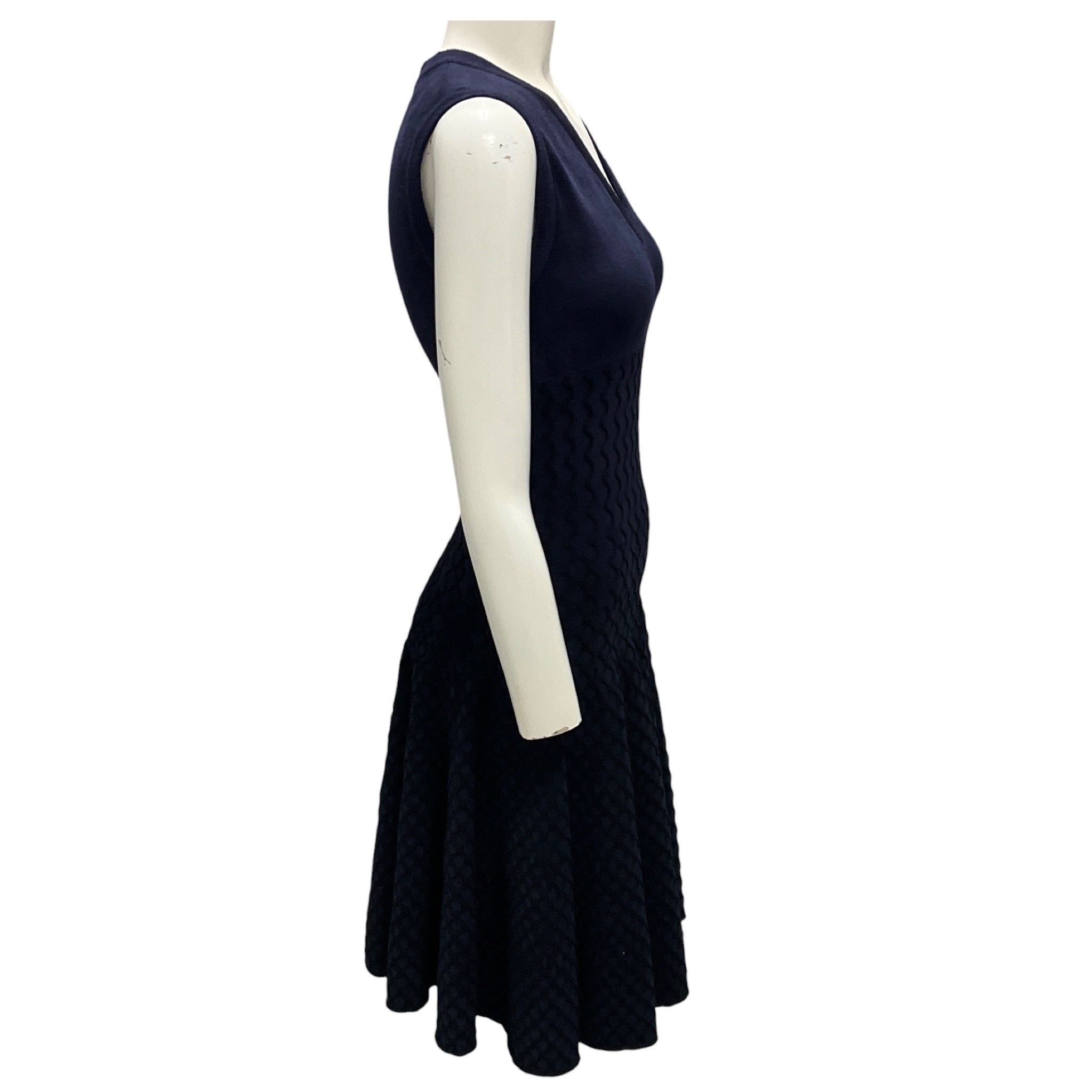 Alaia Navy / Black Lattice Detail Sleeveless V-Neck Flared Chenille Knit Dress