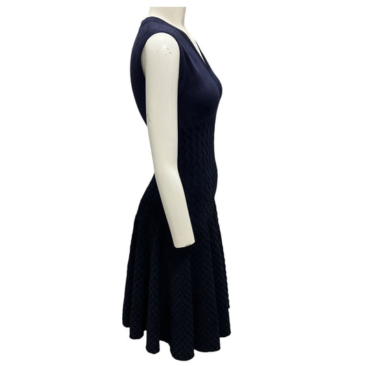 Alaia Navy / Black Lattice Detail Sleeveless V-Neck Flared Chenille Knit Dress