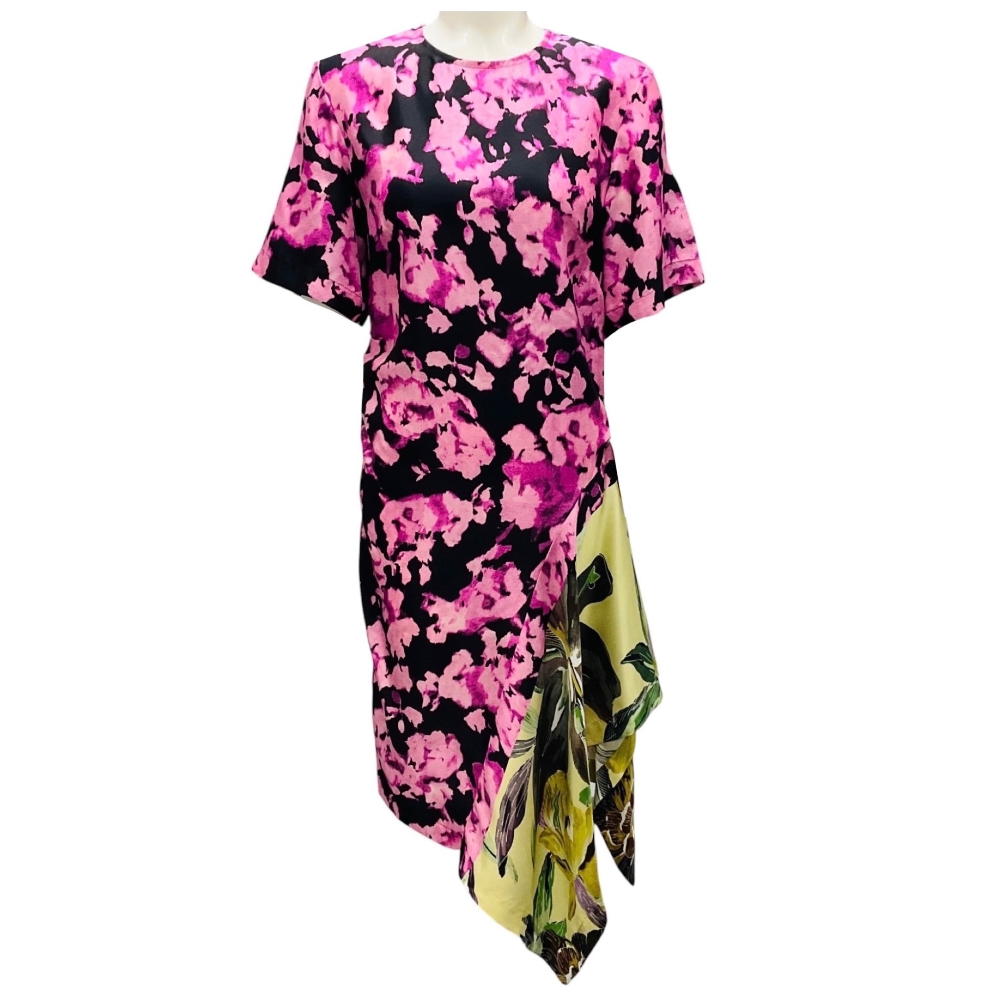 Dries Van Noten Pink / Black Multi Printed Silk Midi Dress