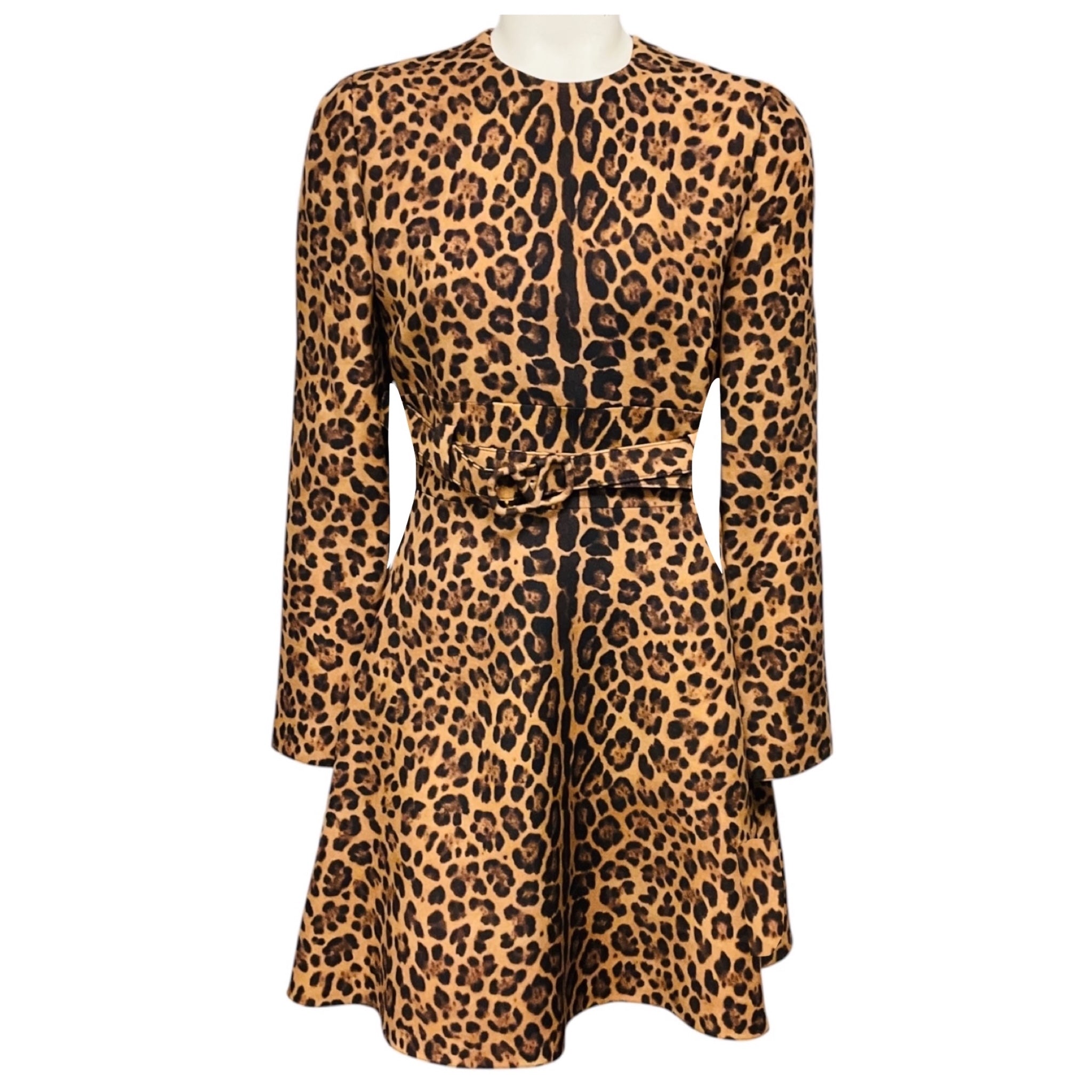 Valentino Tan / Black Leopard Printed Flared Mini Dress with Belt