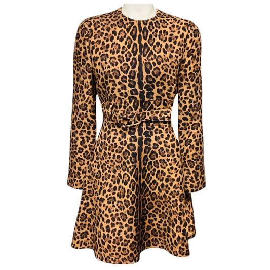 Valentino Tan / Black Leopard Printed Flared Mini Dress with Belt