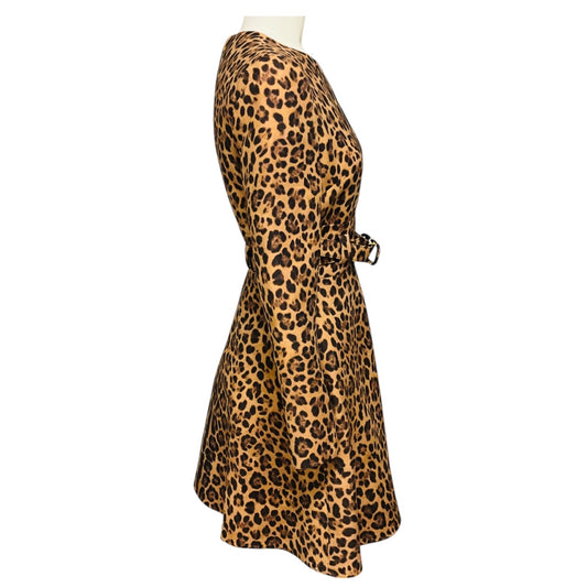 Valentino Tan / Black Leopard Printed Flared Mini Dress with Belt