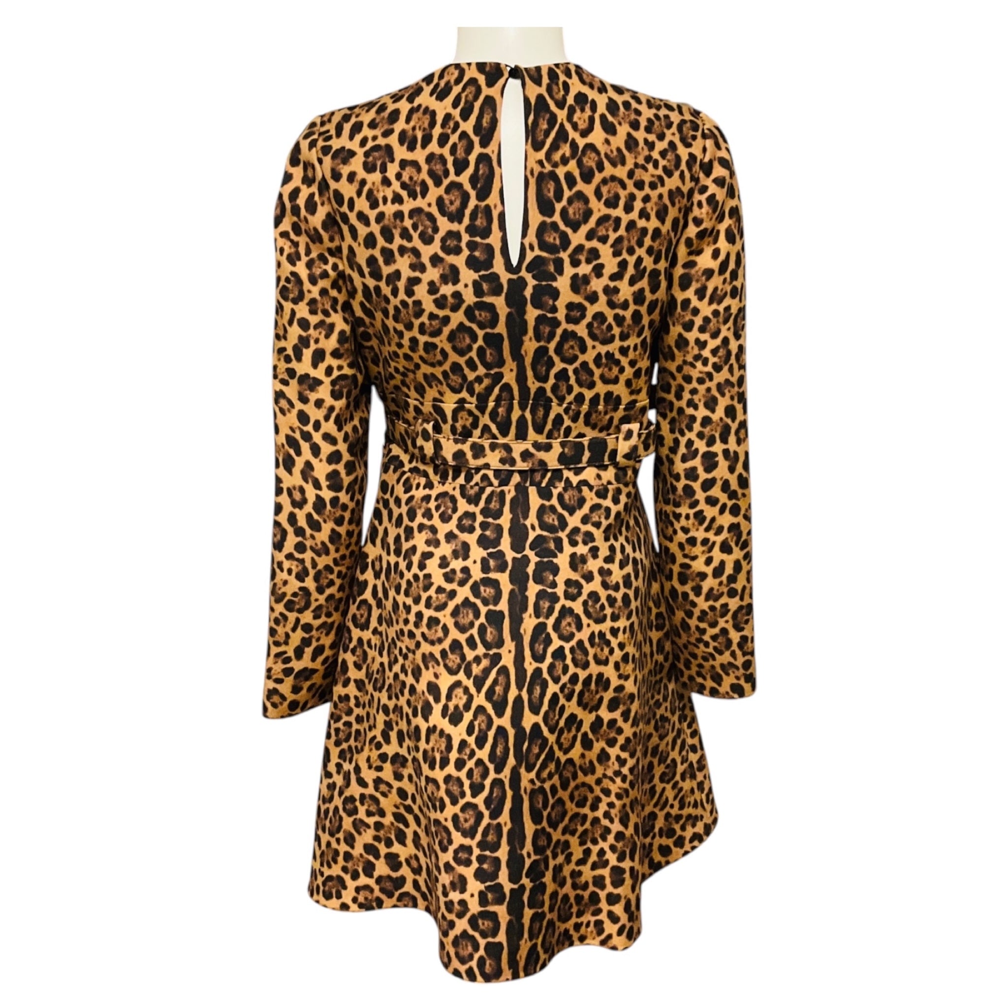Valentino Tan / Black Leopard Printed Flared Mini Dress with Belt