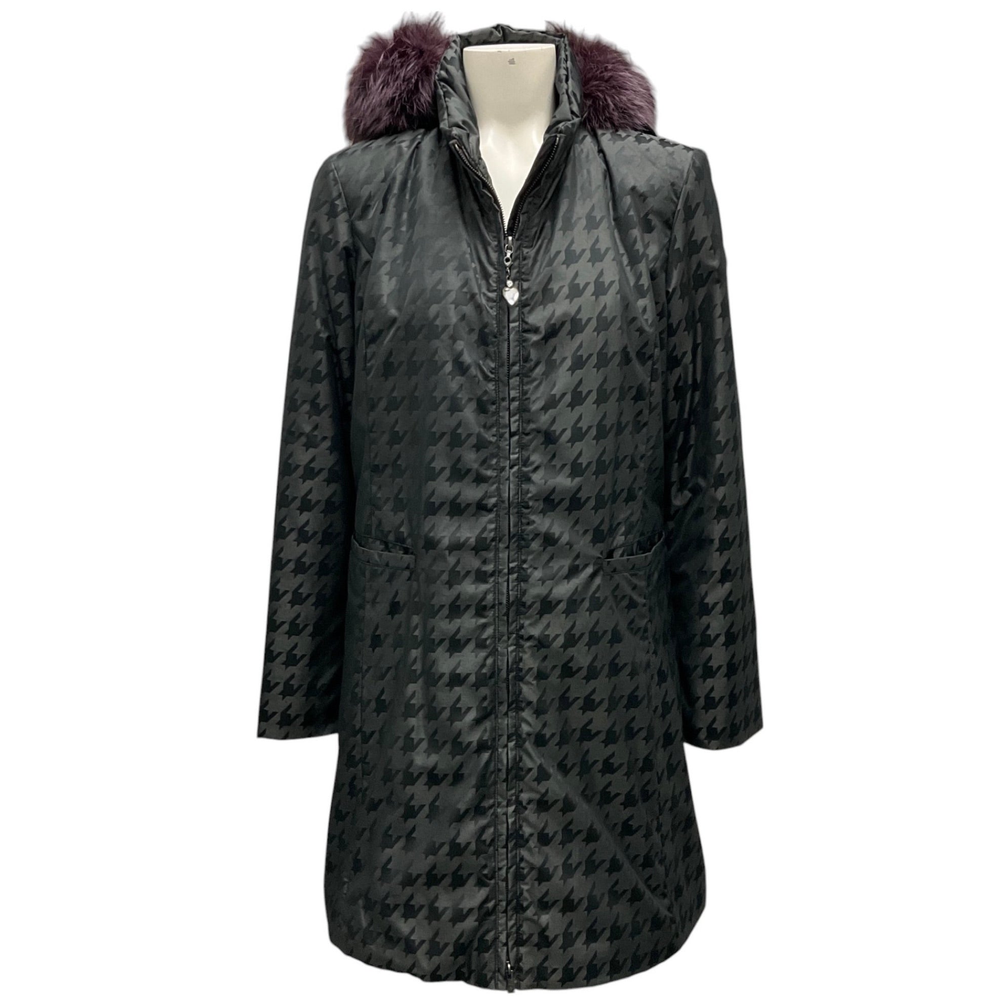 Post Card Black / Purple Fur Trimmed Houndstooth Coat