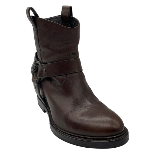 Brunello Cucinelli Brown Distressed Leather Ankle Boots with Monili