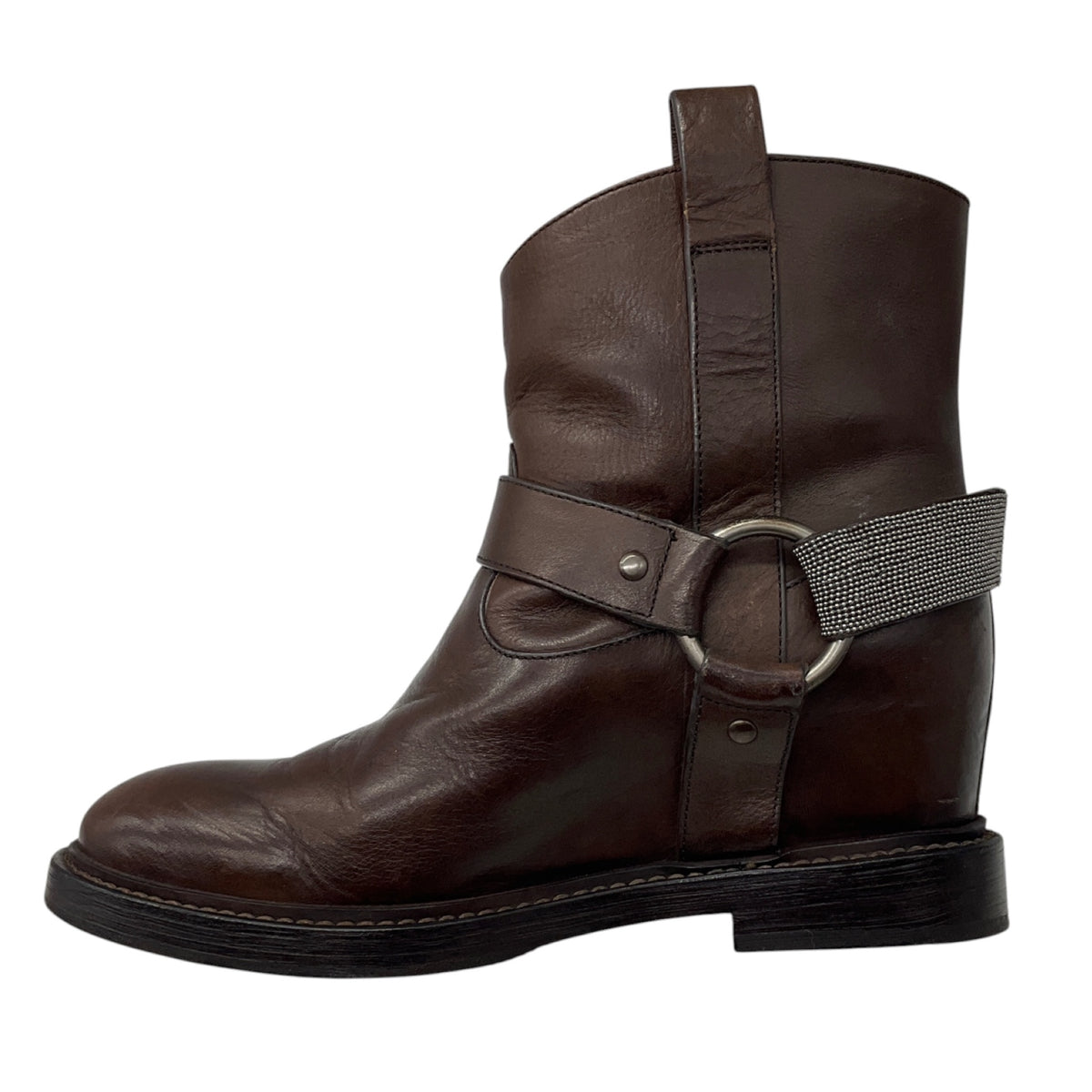Brunello Cucinelli Brown Distressed Leather Ankle Boots with Monili