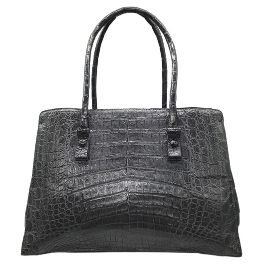 Nancy Gonzalez Dark Grey Crocodile Skin Leather Double Top Handle Handbag