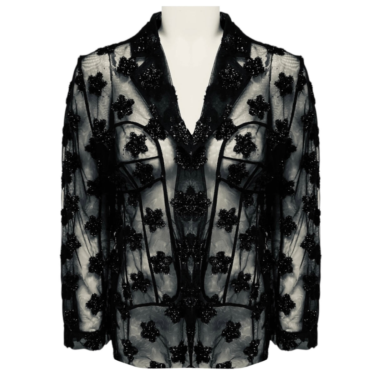 Simone Rocha Black Floral Lurex Embellished Sheer Mesh Tulle Blazer