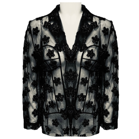Simone Rocha Black Floral Lurex Embellished Sheer Mesh Tulle Blazer