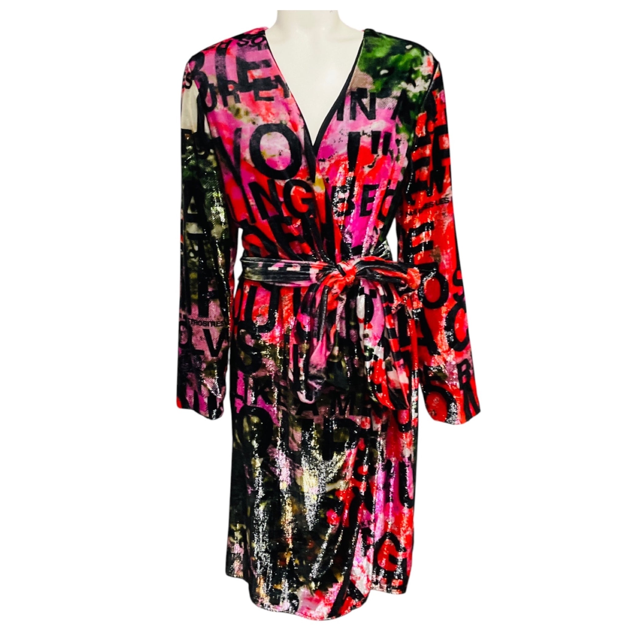 Libertine Black / Pink / Red Multi Poem Print 'A Dream for Winter' Faux Wrap Cocktail Dress with Belt