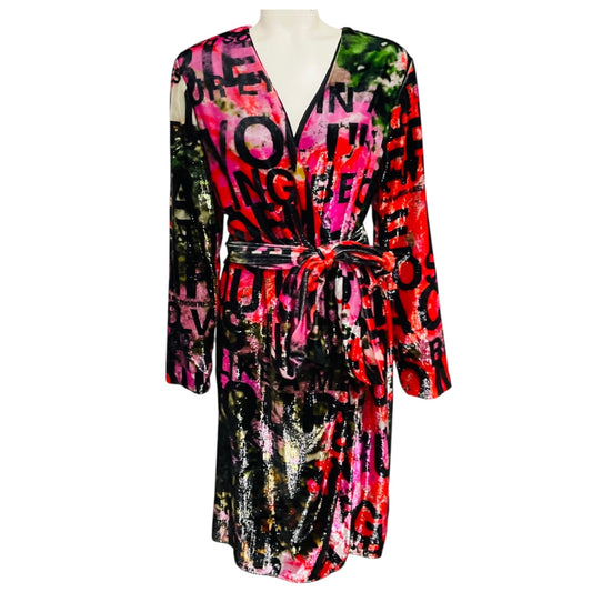 Libertine Black / Pink / Red Multi Poem Print 'A Dream for Winter' Faux Wrap Cocktail Dress with Belt