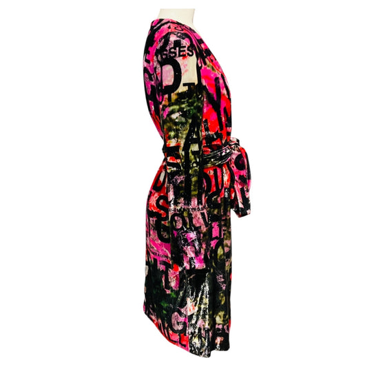 Libertine Black / Pink / Red Multi Poem Print 'A Dream for Winter' Faux Wrap Cocktail Dress with Belt