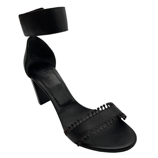 Chloe Black Scalloped Leather Ankle Strap Sandals