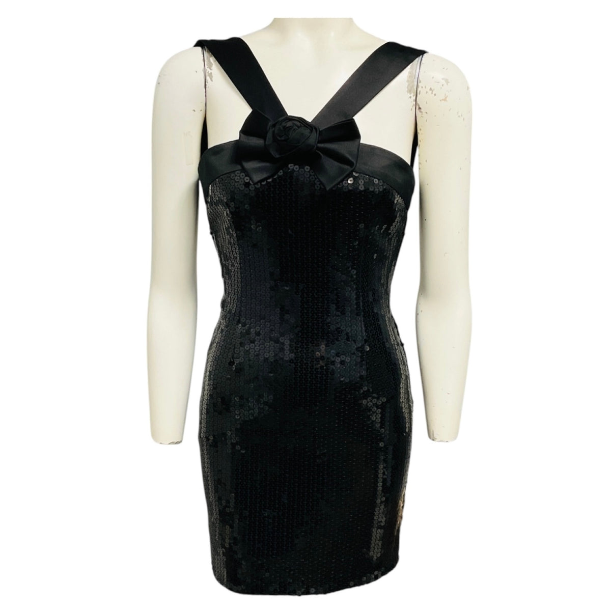 Alessandra Rich Black Sequin Mini Dress with Silk Bow