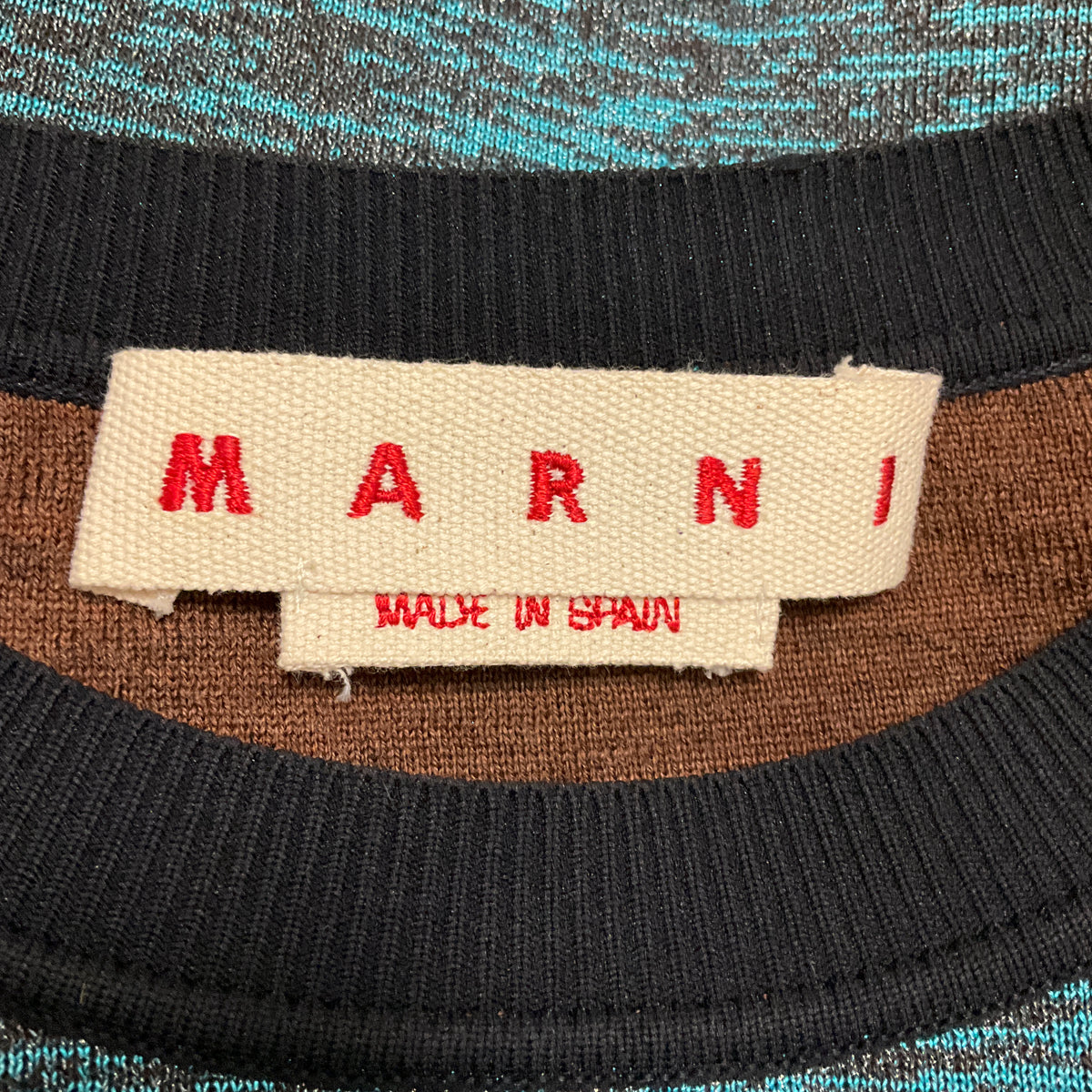Marni Blue / Black / Red Short Sleeved Wool Knit Sweater Top
