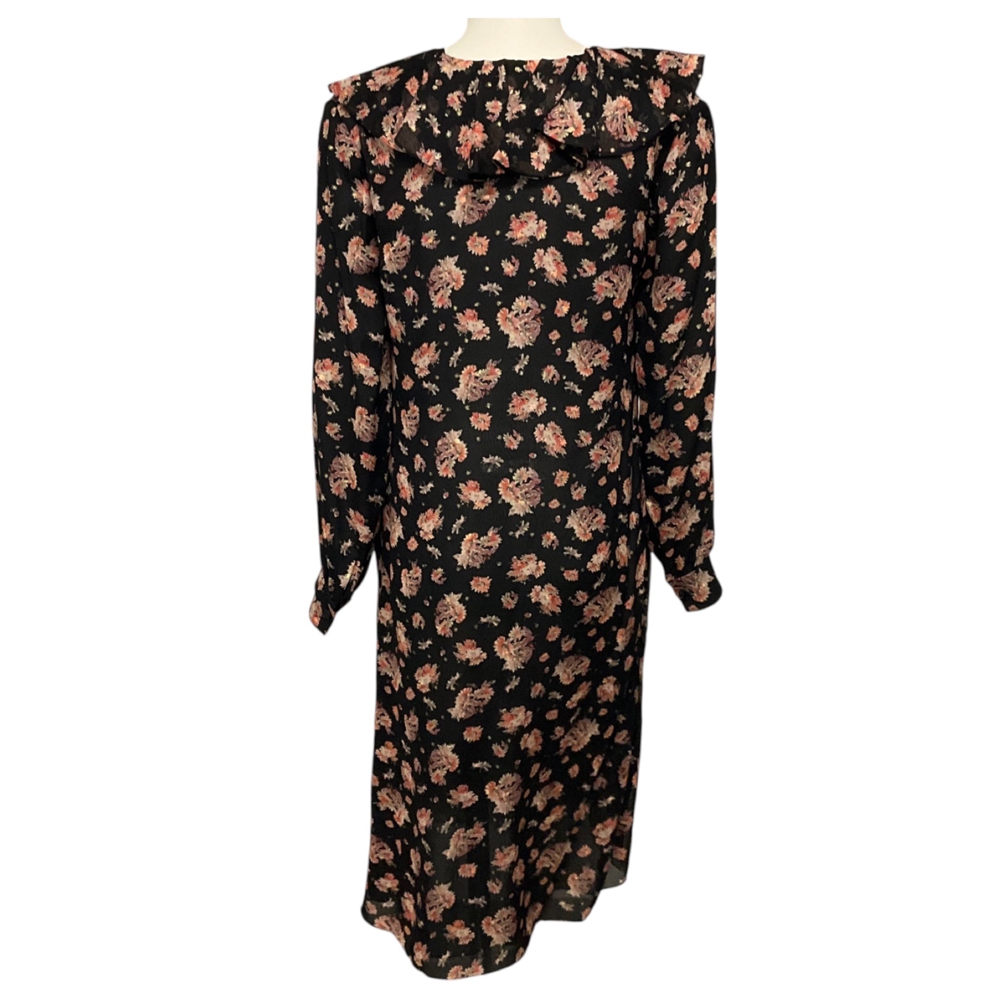 Celine Black Multi Floral Silk Georgette Jabot Dress