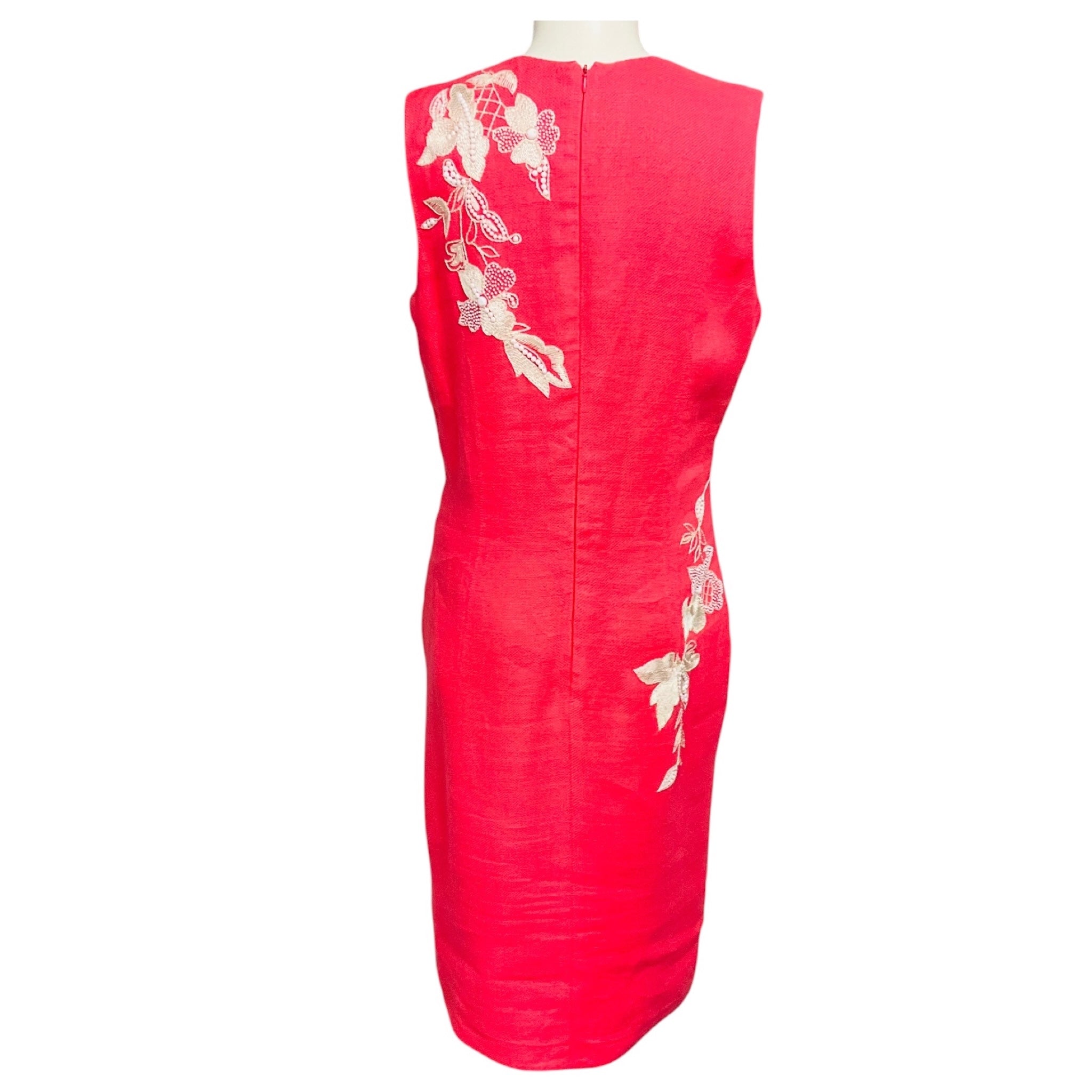 Naeem Khan Coral / Ivory Embroidered Sleeveless Linen Midi Dress