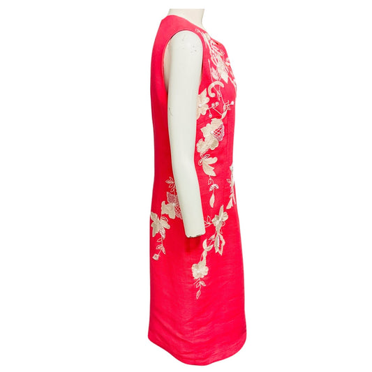 Naeem Khan Coral / Ivory Embroidered Sleeveless Linen Midi Dress