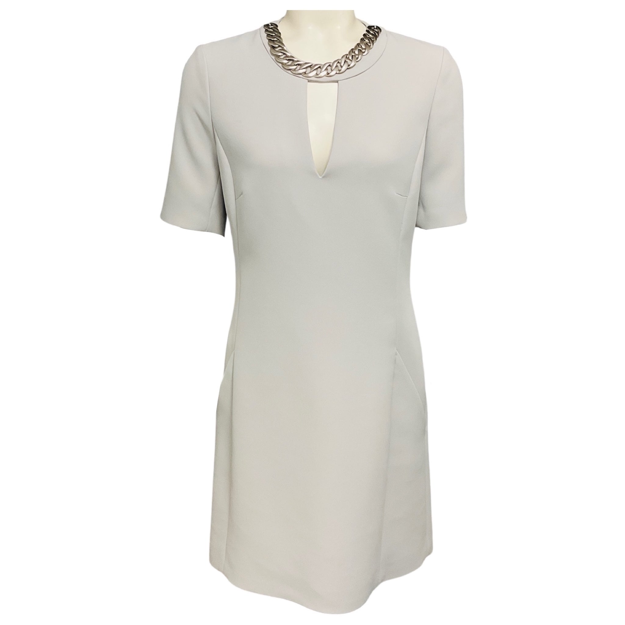 Barbara Bui Grey Crepe Midi Dress with Chain Jewel Neckline