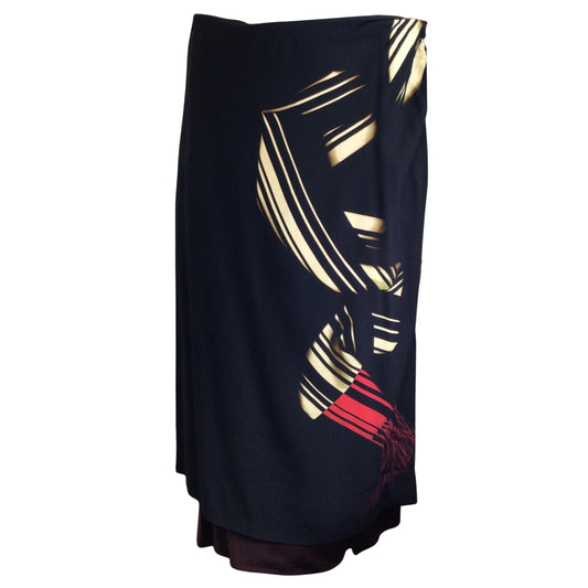 Dries van Noten Black / Beige / Red Printed Crepe Midi Skirt