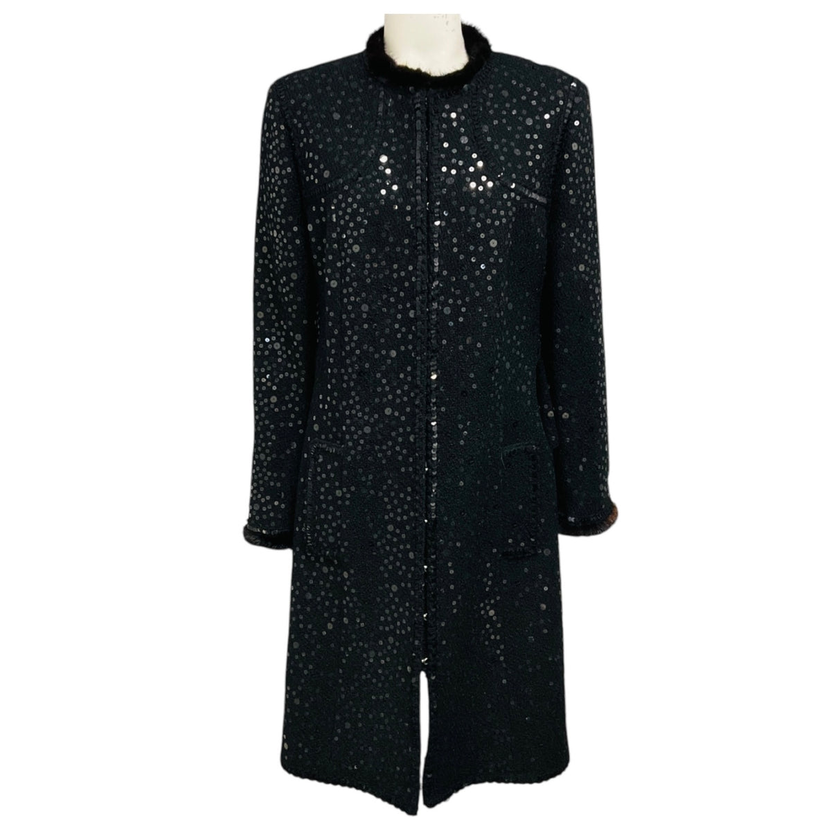 Andrew Gn Black Sequined Mid Length Tweed Coat with Mink Fur Trim