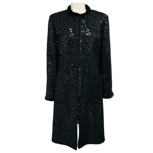 Andrew Gn Black Sequined Mid Length Tweed Coat with Mink Fur Trim