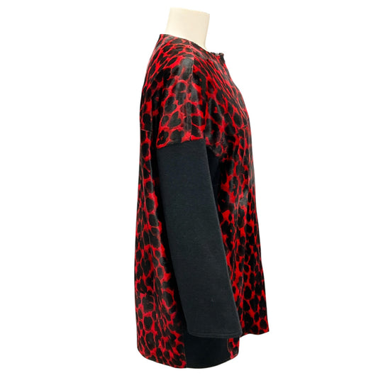 Longchamp Red / Black Leopard Print Calf Hair and Wool Coat