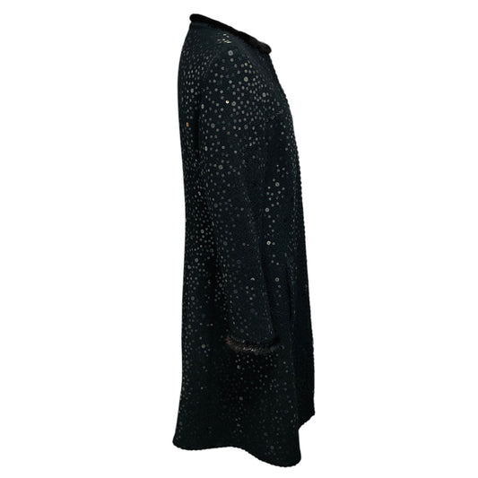 Andrew Gn Black Sequined Mid Length Tweed Coat with Mink Fur Trim