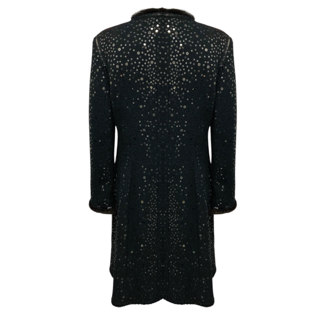 Andrew Gn Black Sequined Mid Length Tweed Coat with Mink Fur Trim