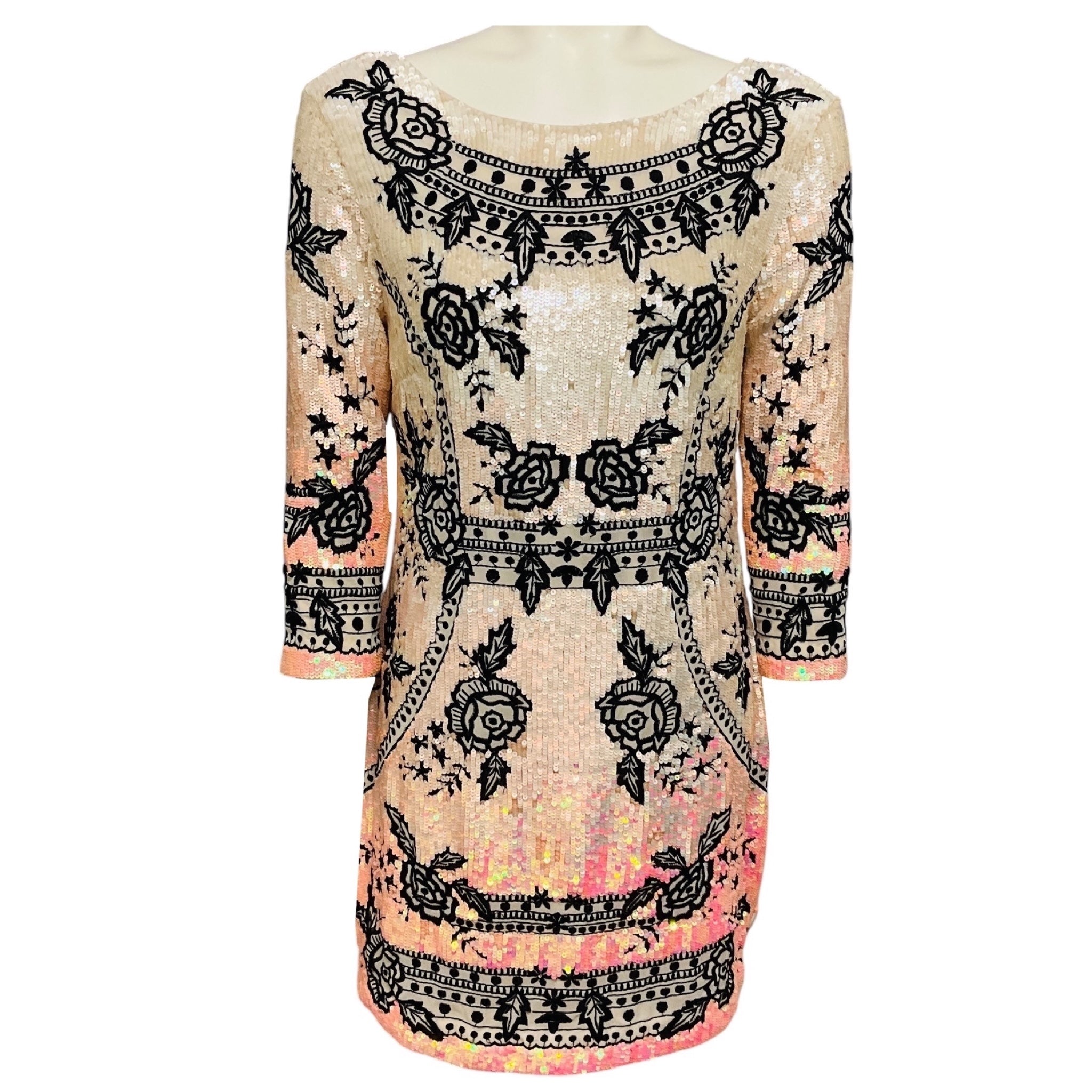 Needle & Thread Light Pink / Black Iridescent Sequined Floral Embroidery Ombre Mini Dress