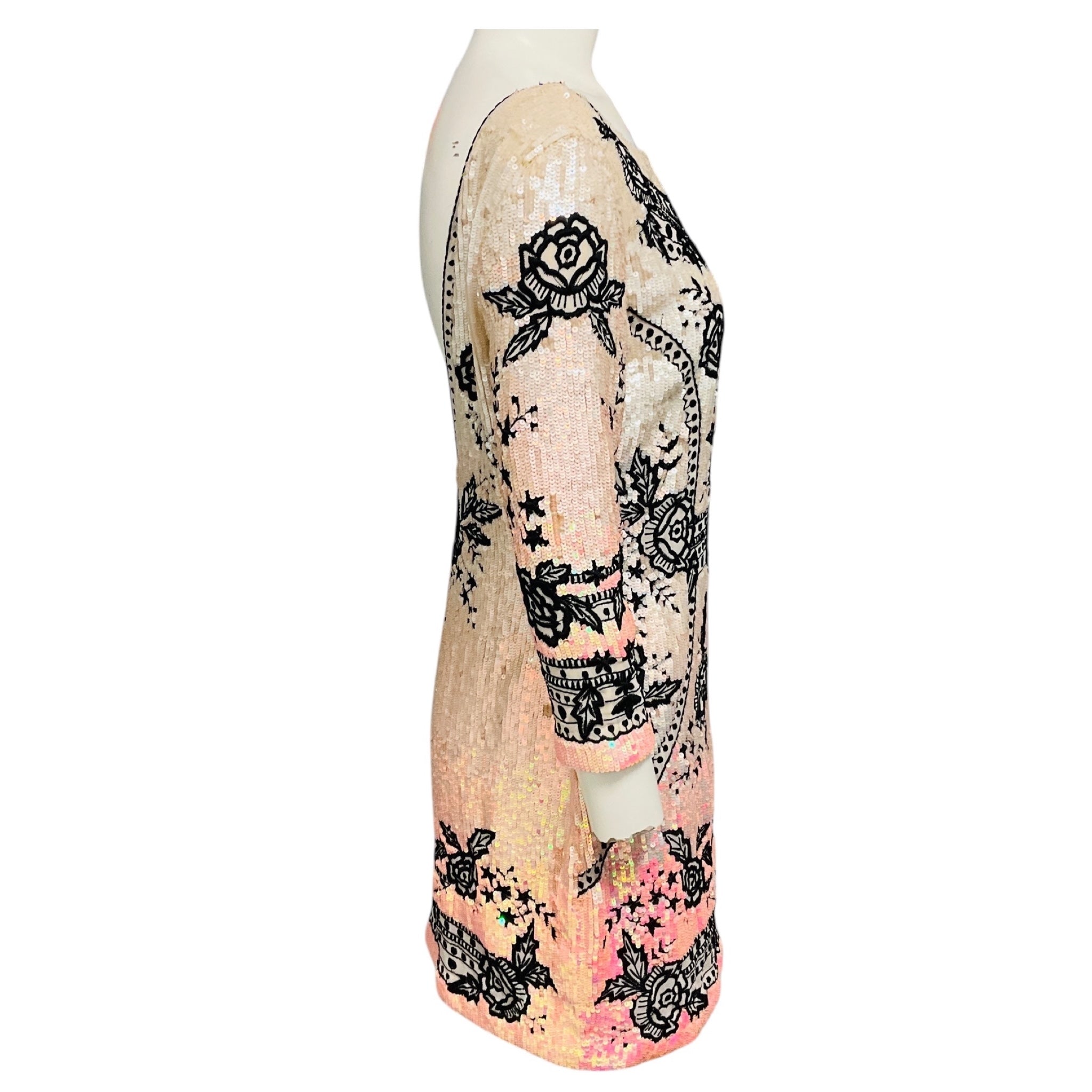 Needle & Thread Light Pink / Black Iridescent Sequined Floral Embroidery Ombre Mini Dress