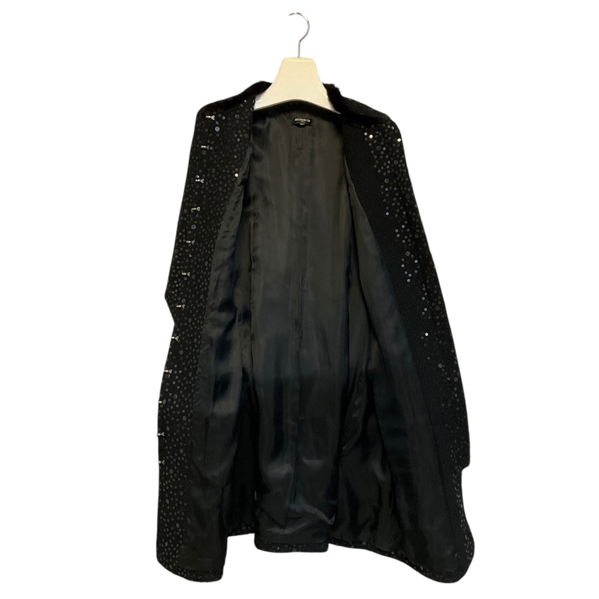 Andrew Gn Black Sequined Mid Length Tweed Coat with Mink Fur Trim